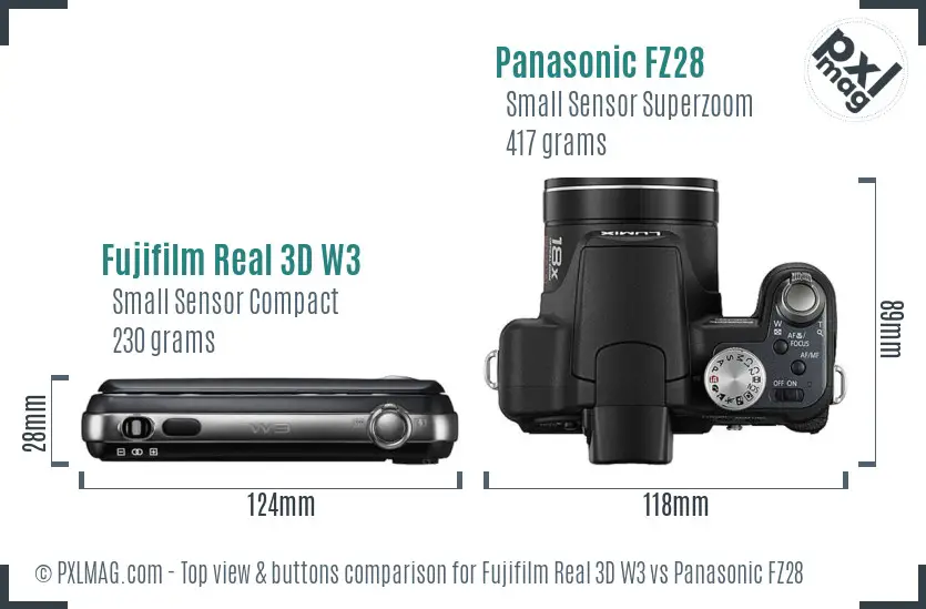 Fujifilm Real 3D W3 vs Panasonic FZ28 top view buttons comparison Fujifilm Real 3D W3 vs Panasonic FZ28 top view buttons comparison