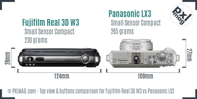 Fujifilm Real 3D W3 vs Panasonic LX3 top view buttons comparison
