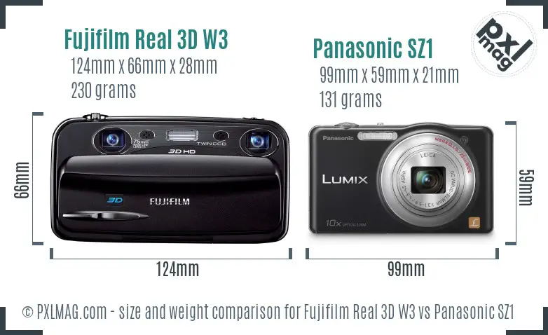 Fujifilm Real 3D W3 vs Panasonic SZ1 size comparison