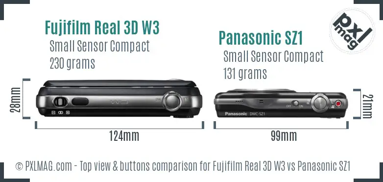 Fujifilm Real 3D W3 vs Panasonic SZ1 top view buttons comparison