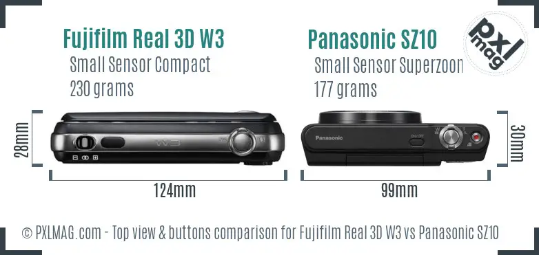 Fujifilm Real 3D W3 vs Panasonic SZ10 top view buttons comparison