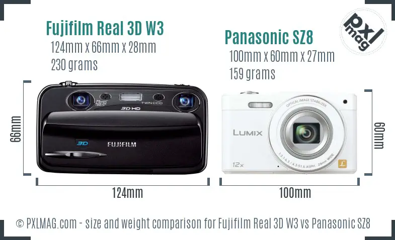Fujifilm Real 3D W3 vs Panasonic SZ8 size comparison Fujifilm Real 3D W3 vs Panasonic SZ8 size comparison