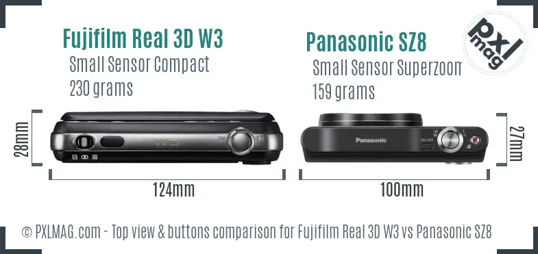 Fujifilm Real 3D W3 vs Panasonic SZ8 top view buttons comparison Fujifilm Real 3D W3 vs Panasonic SZ8 top view buttons comparison