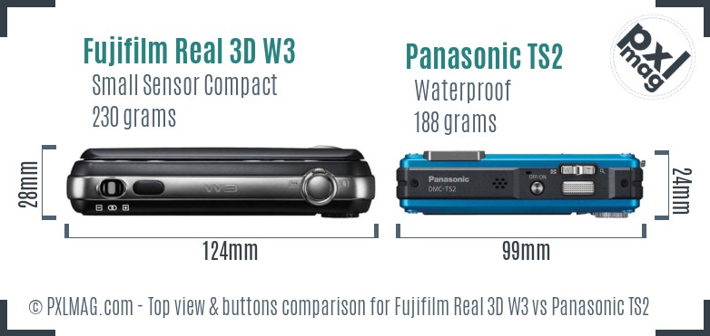 Fujifilm Real 3D W3 vs Panasonic TS2 top view buttons comparison