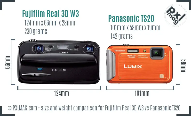 Fujifilm Real 3D W3 vs Panasonic TS20 size comparison