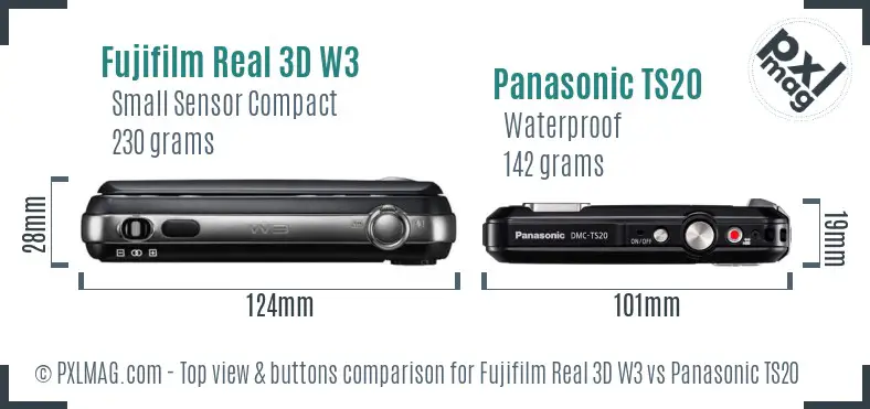 Fujifilm Real 3D W3 vs Panasonic TS20 top view buttons comparison