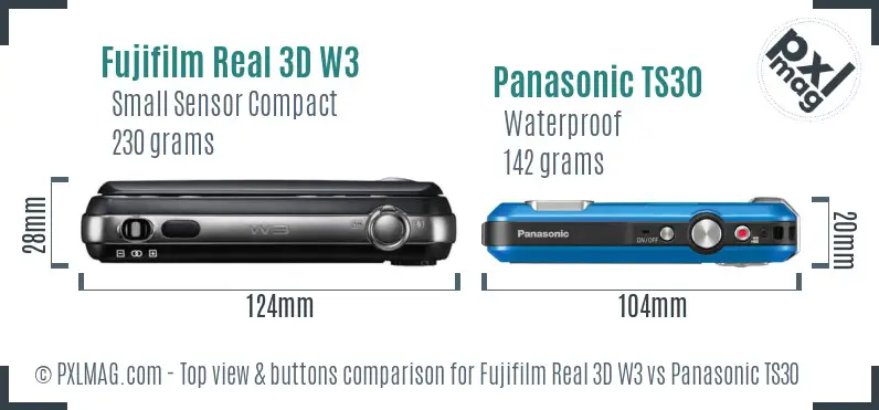 Fujifilm Real 3D W3 vs Panasonic TS30 top view buttons comparison