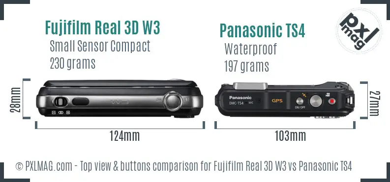 Fujifilm Real 3D W3 vs Panasonic TS4 top view buttons comparison