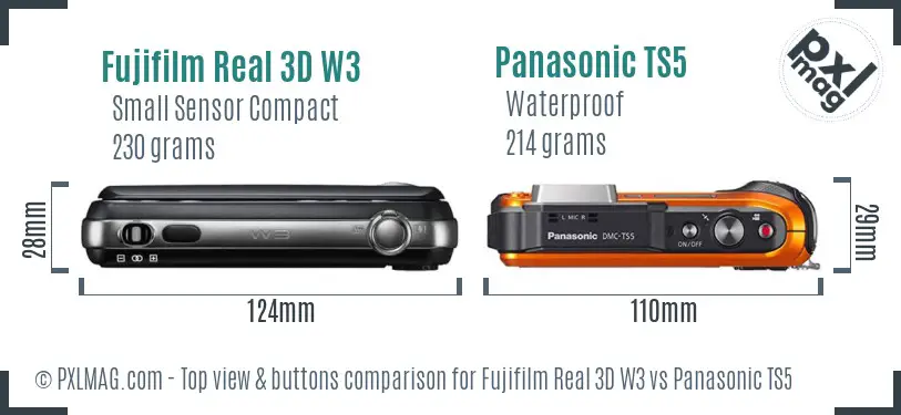 Fujifilm Real 3D W3 vs Panasonic TS5 top view buttons comparison