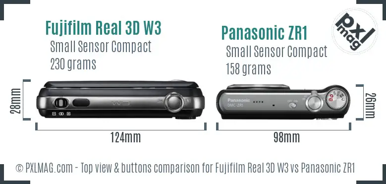 Fujifilm Real 3D W3 vs Panasonic ZR1 top view buttons comparison
