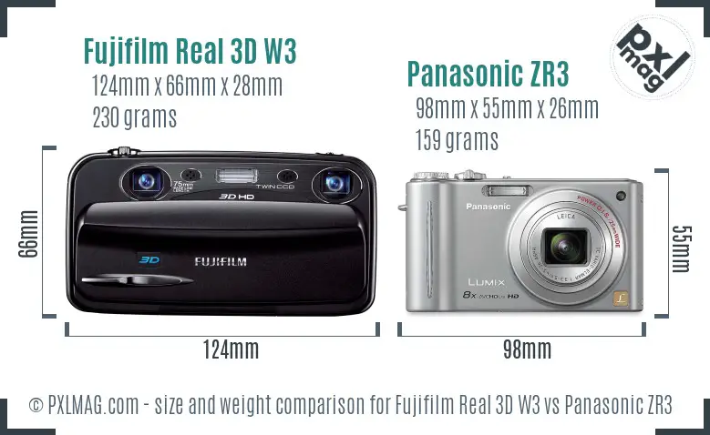 Fujifilm Real 3D W3 vs Panasonic ZR3 size comparison