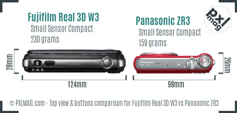 Fujifilm Real 3D W3 vs Panasonic ZR3 top view buttons comparison