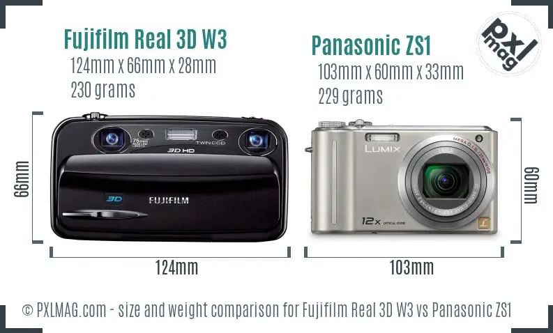 Fujifilm Real 3D W3 vs Panasonic ZS1 size comparison