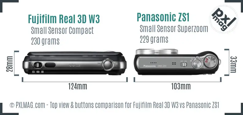 Fujifilm Real 3D W3 vs Panasonic ZS1 top view buttons comparison