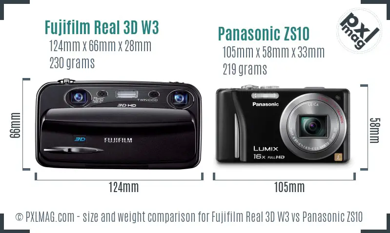Fujifilm Real 3D W3 vs Panasonic ZS10 size comparison