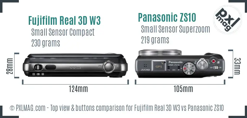 Fujifilm Real 3D W3 vs Panasonic ZS10 top view buttons comparison