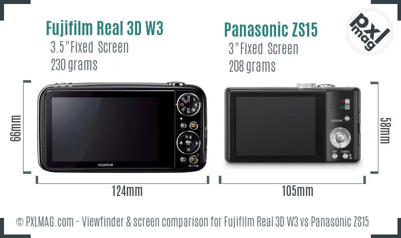 Fujifilm Real 3D W3 vs Panasonic ZS15 Screen and Viewfinder comparison