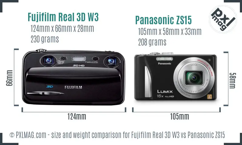Fujifilm Real 3D W3 vs Panasonic ZS15 size comparison