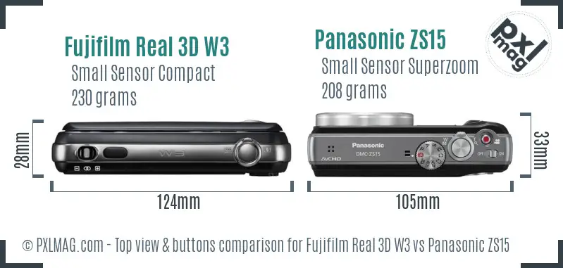 Fujifilm Real 3D W3 vs Panasonic ZS15 top view buttons comparison