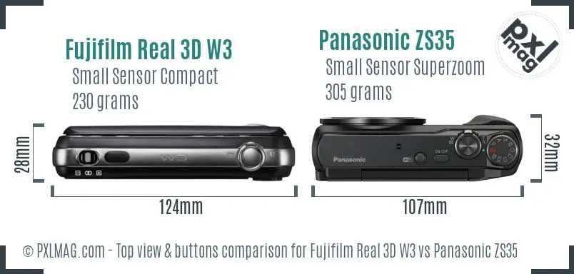 Fujifilm Real 3D W3 vs Panasonic ZS35 top view buttons comparison