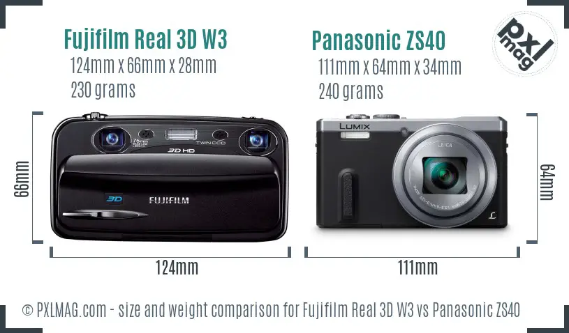 Fujifilm Real 3D W3 vs Panasonic ZS40 size comparison