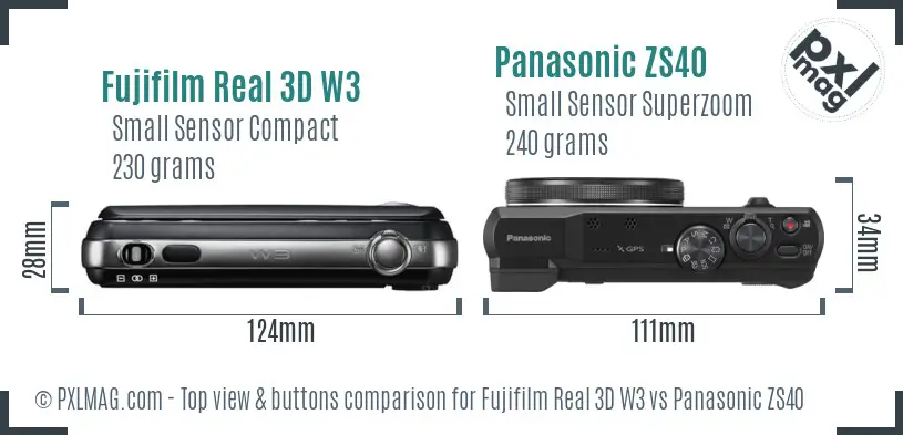 Fujifilm Real 3D W3 vs Panasonic ZS40 top view buttons comparison