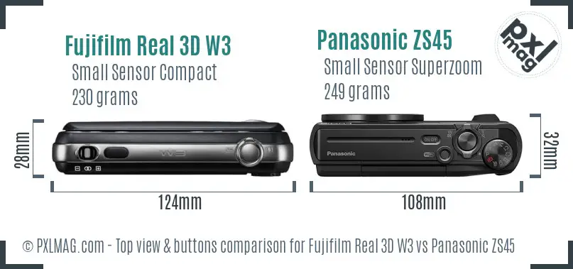 Fujifilm Real 3D W3 vs Panasonic ZS45 top view buttons comparison Fujifilm Real 3D W3 vs Panasonic ZS45 top view buttons comparison