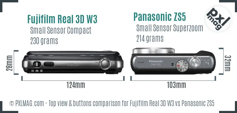 Fujifilm Real 3D W3 vs Panasonic ZS5 top view buttons comparison