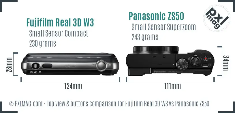 Fujifilm Real 3D W3 vs Panasonic ZS50 top view buttons comparison Fujifilm Real 3D W3 vs Panasonic ZS50 top view buttons comparison