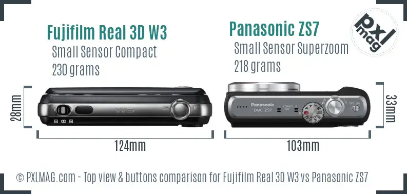 Fujifilm Real 3D W3 vs Panasonic ZS7 top view buttons comparison