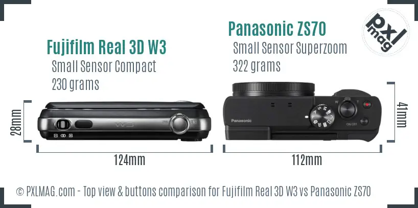 Fujifilm Real 3D W3 vs Panasonic ZS70 top view buttons comparison