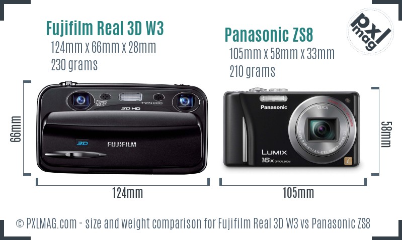 Fujifilm Real 3D W3 vs Panasonic ZS8 size comparison