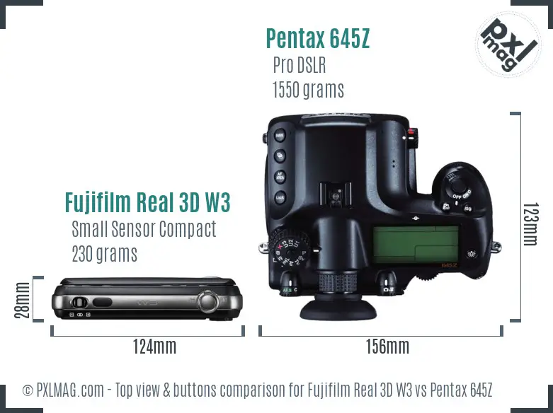Fujifilm Real 3D W3 vs Pentax 645Z top view buttons comparison