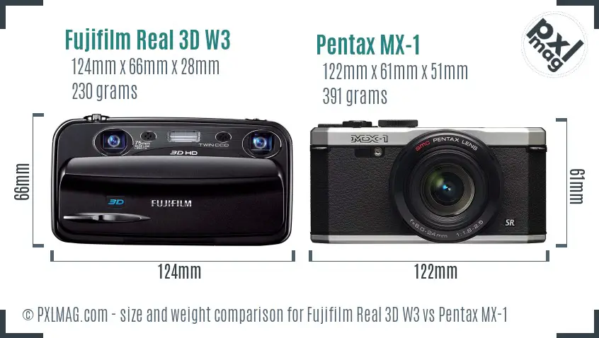Fujifilm Real 3D W3 vs Pentax MX-1 size comparison