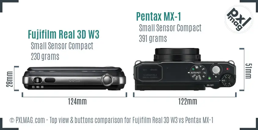 Fujifilm Real 3D W3 vs Pentax MX-1 top view buttons comparison