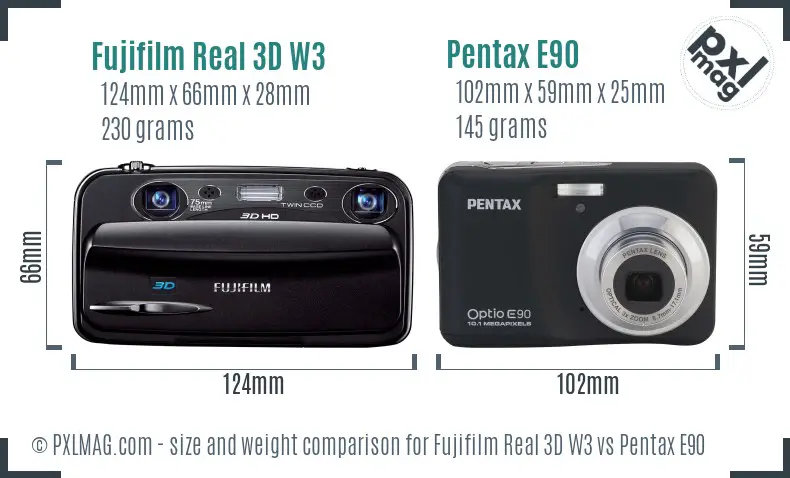 Fujifilm Real 3D W3 vs Pentax E90 size comparison