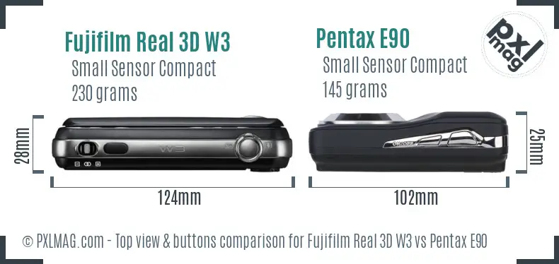 Fujifilm Real 3D W3 vs Pentax E90 top view buttons comparison