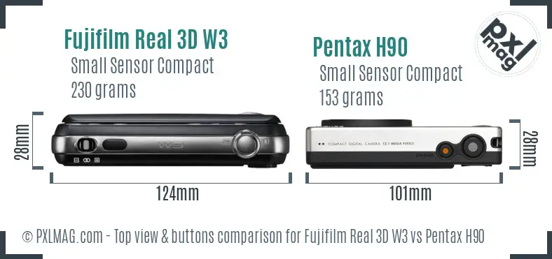 Fujifilm Real 3D W3 vs Pentax H90 top view buttons comparison