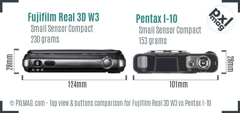 Fujifilm Real 3D W3 vs Pentax I-10 top view buttons comparison