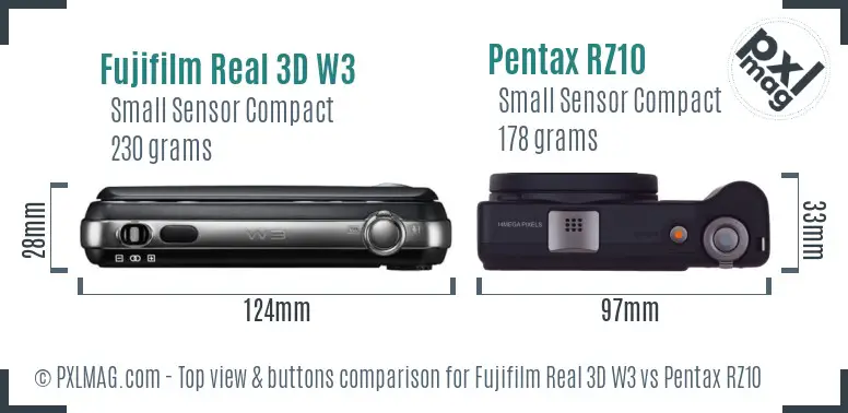 Fujifilm Real 3D W3 vs Pentax RZ10 top view buttons comparison