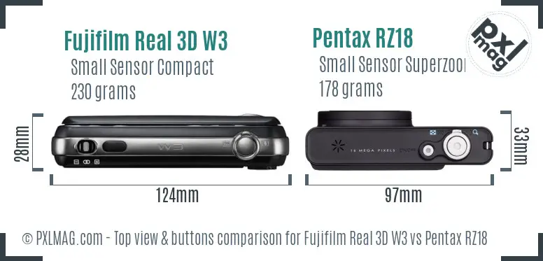 Fujifilm Real 3D W3 vs Pentax RZ18 top view buttons comparison