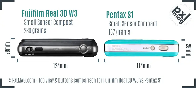 Fujifilm Real 3D W3 vs Pentax S1 top view buttons comparison Fujifilm Real 3D W3 vs Pentax S1 top view buttons comparison