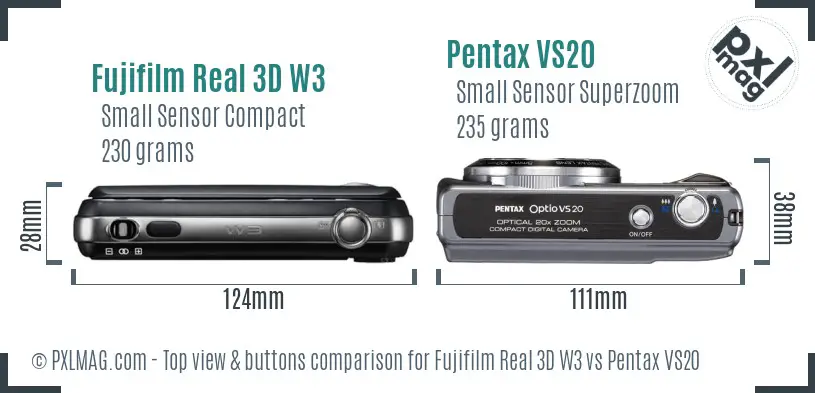 Fujifilm Real 3D W3 vs Pentax VS20 top view buttons comparison