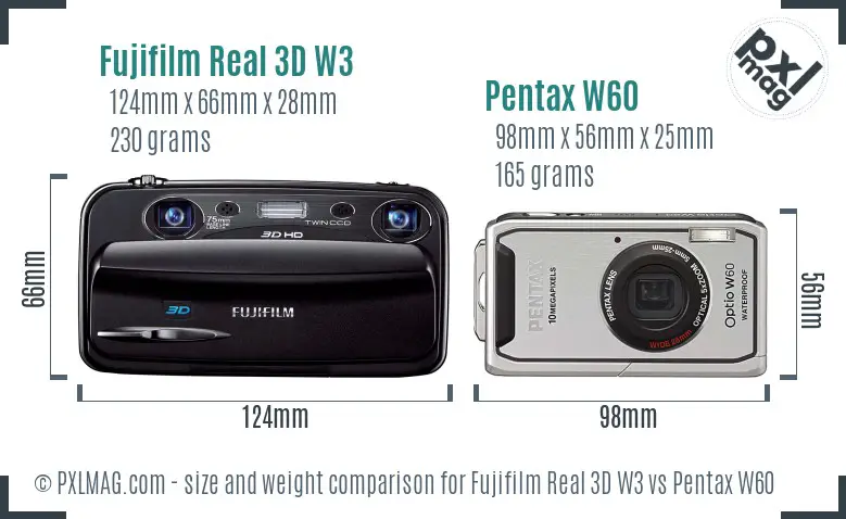 Fujifilm Real 3D W3 vs Pentax W60 size comparison