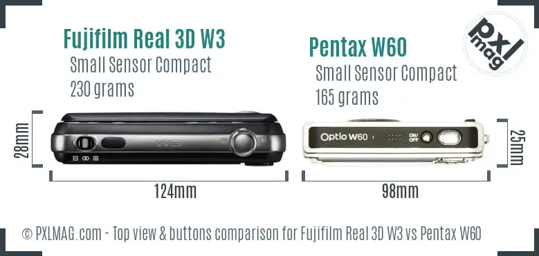 Fujifilm Real 3D W3 vs Pentax W60 top view buttons comparison