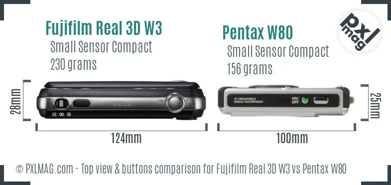 Fujifilm Real 3D W3 vs Pentax W80 top view buttons comparison Fujifilm Real 3D W3 vs Pentax W80 top view buttons comparison