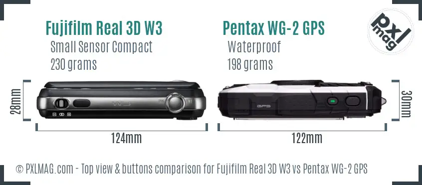 Fujifilm Real 3D W3 vs Pentax WG-2 GPS top view buttons comparison