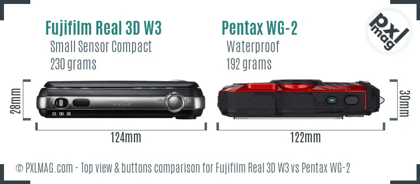 Fujifilm Real 3D W3 vs Pentax WG-2 top view buttons comparison