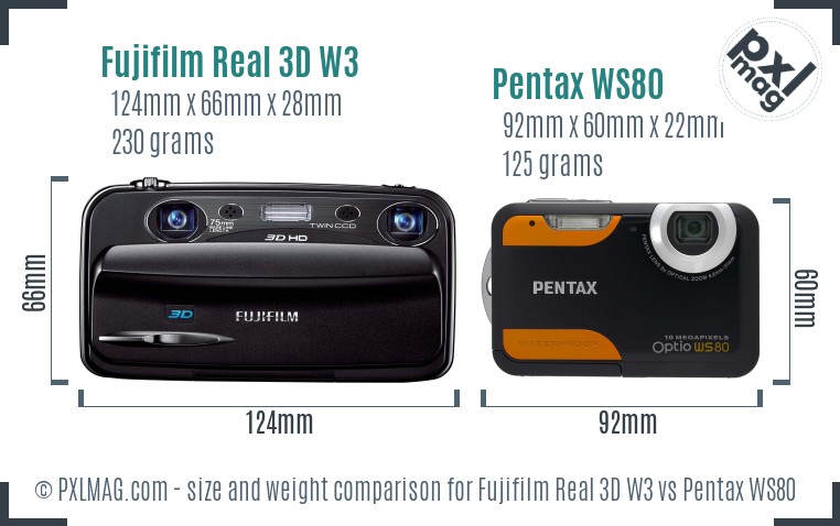 Fujifilm Real 3D W3 vs Pentax WS80 size comparison