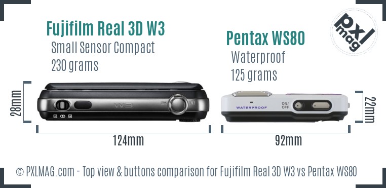 Fujifilm Real 3D W3 vs Pentax WS80 top view buttons comparison